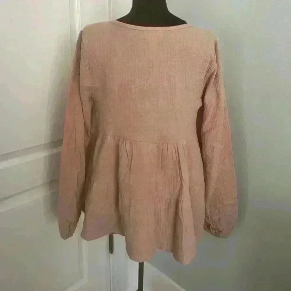 BiBi Women’s Small Peach‎ Crepe V Neck Long Sleeve Babydoll Ruffled Swing Blouse - Picture 5 of 11